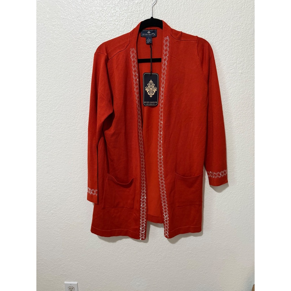 Seven Manor Rooibos Tea Orange Rhinestone Embellished Open Front Cardigan XL NEW